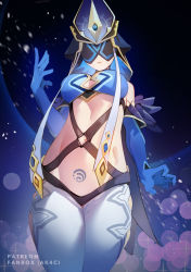Rule 34 | 1girl, blue gloves, breasts, covered eyes, elbow gloves, eye mask, genshin impact, gloves, highres, kani fish, looking at viewer, mask, midriff, mirror maiden (genshin impact), navel, pubic tattoo, smile, tattoo, vision (genshin impact), white legwear