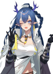 Rule 34 | 1girl, ;d, absurdres, arknights, black gloves, blue eyes, blue hair, braid, breasts, cleavage, coat, detached collar, dragon horns, elbow gloves, female focus, gloves, hati105, highres, holding, horns, large breasts, ling (arknights), long hair, long sleeves, looking at viewer, midriff peek, multicolored hair, necktie, one eye closed, open clothes, open coat, open mouth, shirt, simple background, smile, solo, streaked hair, two-tone hair, upper body, very long hair, white background, white coat, white hair, white shirt, wide sleeves, yellow necktie