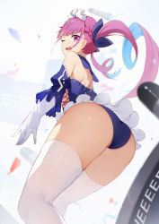 Rule 34 | 1girl, absurdres, ass, azur lane, backless outfit, bare shoulders, blue one-piece swimsuit, braid, bubble, colored inner hair, crossover, fang, french braid, frilled one-piece swimsuit, frilled swimsuit, frills, from behind, gloves, highres, hololive, huge filesize, looking at viewer, maid headdress, minato aqua, multicolored hair, one-piece swimsuit, one eye closed, open mouth, purple eyes, purple hair, sailor collar, shoulder blades, sidelocks, solo, standing, streaked hair, swimsuit, thighhighs, toki (1243309499), torpedo, twintails, virtual youtuber, white gloves, white thighhighs