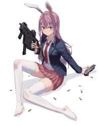 Rule 34 | 1girl, animal ears, blush, closed mouth, collarbone, crescent, crescent print, dual wielding, fingernails, glock, grey background, gun, hair between eyes, handgun, highres, holding, holding gun, holding weapon, light blush, long hair, looking at viewer, max-k, necktie, no shoes, panties, pantyshot, pink skirt, pistol, purple hair, rabbit ears, red eyes, red necktie, reisen udongein inaba, shell casing, signature, simple background, sitting, skindentation, skirt, solo, thighhighs, touhou, underwear, weapon, white panties, white thighhighs