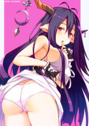 Rule 34 | 10s, 1girl, antenna hair, ass, black hair, blush, breasts, butt crack, clothes lift, danua, draph, dress, dress lift, fingerless gloves, gloves, granblue fantasy, horn ornament, horns, large breasts, long hair, panties, pointy ears, red eyes, shigu (wolfganggw), sideboob, solo, thumb to mouth, underwear