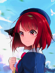 Rule 34 | 1girl, absurdres, arima kana, blue hat, blue sky, blue vest, bob cut, closed mouth, cloud, cloudy sky, collar, hat, hat ribbon, highres, inverted bob, looking to the side, oshi no ko, red eyes, red hair, ribbon, school uniform, short hair, sky, solo, user faxh7587, vest, white collar, youtou high school uniform