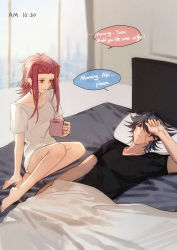 Rule 34 | 1boy, 1girl, bare legs, barefoot, bed sheet, bedroom, black hair, black shirt, blue eyes, breasts, brown eyes, character name, cleavage, collarbone, couple, english text, facial mark, fudo yusei, hair between eyes, hair intakes, hetero, highres, holding, indoors, izayoi aki, jewelry, looking at another, lying, naked shirt, naoki (2rzmcaizerails6), on back, parted lips, red hair, ring, shirt, short hair with long locks, short sleeves, sidelocks, sitting, small breasts, speech bubble, spiked hair, t-shirt, wedding ring, yu-gi-oh!, yu-gi-oh! 5d&#039;s