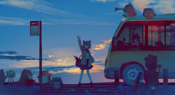 Rule 34 | 2girls, :d, animal, animal ears, arm up, black footwear, black skirt, blue sky, brown hair, brown jacket, bus, bus stop, bus stop sign, character request, check character, cloud, hair between eyes, highres, holding, holding instrument, instrument, jacket, kneehighs, motor vehicle, mr.quin, multiple girls, neee-t, open clothes, open jacket, open mouth, original, outdoors, pleated skirt, plunger, red eyes, shirt, short hair, skirt, sky, smile, socks, trumpet, white shirt, white socks