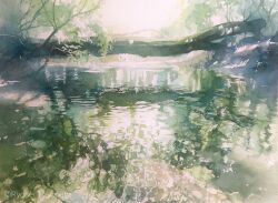 Rule 34 | bush, day, fallen tree, highres, no humans, original, painting (medium), plant, reflection, reflective water, river, riverbank, scenery, shadow, sunlight, tr watercolor, traditional media, tree