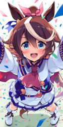 Rule 34 | 1girl, ascot, blue eyes, blush, boots, brown hair, cape, commentary request, confetti, epaulettes, hair between eyes, hair ribbon, high ponytail, horse girl, jacket, knee boots, long hair, long sleeves, looking at viewer, multicolored hair, odawara hakone, open mouth, pink ascot, reaching, reaching towards viewer, red cape, ribbon, single epaulette, solo, streaked hair, sweat, tokai teio (umamusume), two-tone hair, umamusume, white footwear, white hair, white jacket