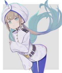 Rule 34 | 1other, androgynous, aqua eyes, aqua hair, belt, blonde hair, blue pantyhose, buttons, captain (fate/grand order), captain nemo (fate), cowboy shot, fate/grand order, fate (series), frown, index finger raised, jacket, leaning forward, long hair, long sleeves, looking at viewer, military, military jacket, military uniform, multicolored hair, naval uniform, nemo (fate), pantyhose, solo, standing, totatokeke, turban, twintails, two-tone background, two-tone hair, uniform, very long hair, white jacket