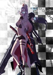 Rule 34 | 2girls, alpha (punishing: gray raven), back-to-back, black coat, black hair, black jacket, black rock shooter, black rock shooter (character), black shorts, blue eyes, cannon, chinese commentary, coat, commentary, crossover, eyewear around neck, flaming eye, gradient hair, grey hair, heterochromia, holding, holding sword, holding weapon, huge weapon, jacket, katana, long hair, lucia: crimson weave (punishing: gray raven), multicolored hair, multiple girls, navel, ponytail, punishing: gray raven, red hair, sheath, sheathed, shorts, sword, thigh strap, translation request, twintails, weapon, white jacket