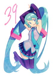 Rule 34 | 1girl, 39, absurdres, aqua eyes, aqua hair, aqua necktie, armpits, arms up, black footwear, black skirt, black sleeves, boots, breasts, collared shirt, contrapposto, detached sleeves, facing viewer, feet up, full body, grey shirt, hair ornament, happy, hatsune miku, head tilt, highres, irarugii, legs together, light smile, long hair, necktie, open mouth, pleated skirt, shirt, sideways glance, simple background, skirt, sleeveless, sleeveless shirt, small breasts, solo, teeth, thigh boots, thighhighs, tie clip, twintails, very long hair, vocaloid, white background, zettai ryouiki
