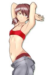 Rule 34 | 1girl, armpits, arms behind head, arms up, bikini, bikini under clothes, breasts, brown eyes, brown hair, casual, closed mouth, clothes pull, commentary, cowboy shot, denim, from side, frown, girls und panzer, grey pants, jeans, kawanishi shinobu, looking at viewer, navel, open fly, pants, pants pull, red bikini, short hair, short ponytail, simple background, small breasts, solo, standing, swept bangs, swimsuit, tanaka rikimaru, white background