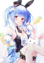 Rule 34 | 1girl, absurdres, amano kurumi, animal ears, arm support, back bow, black dress, black hat, black necktie, black skirt, blue hair, blue skirt, blush, bow, breasts, center frills, commentary, detached collar, detached sleeves, dress, fingernails, fishnet thighhighs, fishnets, frilled dress, frilled thighhighs, frills, hand up, hat, highres, hololive, knees up, large bow, looking at viewer, medium hair, mini hat, mini top hat, multicolored hair, necktie, official alternate costume, official alternate hair length, official alternate hairstyle, open mouth, orange eyes, pleated skirt, puffy detached sleeves, puffy short sleeves, puffy sleeves, rabbit-shaped pupils, rabbit ears, red eyes, short dress, short necktie, short sleeves, sitting, skirt, sleeveless, sleeveless dress, small breasts, solo, surprised, symbol-only commentary, symbol-shaped pupils, thick eyebrows, thighhighs, tilted headwear, top hat, twintails, two-tone hair, usada pekora, usada pekora (furi furi bunny dress), virtual youtuber, white hair, white sleeves, wrist cuffs