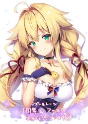 Rule 34 | 1girl, ahoge, azur lane, between breasts, bird, blonde hair, braid, breasts, chick, choker, cleavage, commentary request, cropped torso, cross, cross choker, earrings, flower, gloves, green eyes, hair between eyes, hair intakes, head tilt, jewelry, large breasts, le temeraire (azur lane), long hair, looking at viewer, necklace, portrait, riichu, simple background, solo, twin braids, white background
