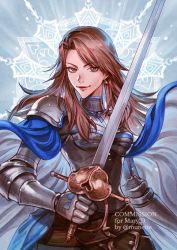 Rule 34 | 1girl, armor, artist name, blue background, brown eyes, brown hair, chest armor, ear piercing, earrings, english text, eyebrows, eyelashes, female focus, female knight, granblue fantasy, holding, holding sword, holding weapon, jewelry, katalina (granblue fantasy), knight, lips, long hair, looking at viewer, munette, parted bangs, piercing, shoulder armor, smile, snowflakes, solo, sword, twitter username, watermark, weapon