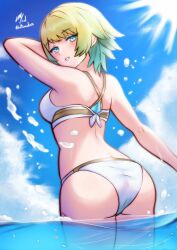 Rule 34 | 1girl, alternate costume, ass, back, bikini, blonde hair, blush, breasts, fire emblem, fire emblem heroes, fjorm (fire emblem), highres, looking at viewer, multicolored hair, nintendo, rotomdocs, short hair, sky, small breasts, smile, solo, swimsuit, water, white bikini
