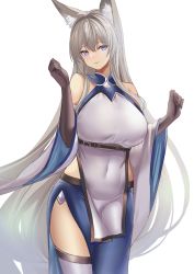 Rule 34 | 1girl, absurdres, animal ear fluff, animal ears, bare shoulders, black gloves, blue eyes, blue skirt, breasts, closed mouth, covered navel, elbow gloves, fox ears, gloves, grey hair, hands up, highres, large breasts, long hair, looking at viewer, original, simple background, skirt, smile, solo, thighs, tnr (horiko1525), white background
