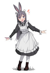 Rule 34 | 1girl, :d, animal ears, black hair, blue eyes, brown footwear, cross-laced footwear, fang, full moon, highres, leaning to the side, long hair, long sleeves, looking at viewer, maid, maid headdress, moon, open mouth, original, rabbit ears, saiste, simple background, skin fang, smile, solo, standing, white background, white legwear
