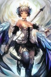 Rule 34 | 1girl, armor, bare shoulders, boots, breasts, cleavage, crown, detached sleeves, gwendolyn (odin sphere), head wings, hungry clicker, leg wings, low wings, odin sphere, polearm, pteruges, skirt, solo, spear, thighhighs, vanillaware, weapon, white hair, wings