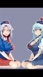 Rule 34 | 2girls, bespectacled, blue dress, blue hair, bow, breasts, cleavage, closed eyes, collarbone, covered erect nipples, dress, expressionless, frilled dress, frills, glasses, hair over shoulder, hands on lap, hat, heiseikorotaisei, kamishirasawa keine, large breasts, legs, letterboxed, long hair, looking at viewer, md5 mismatch, multicolored clothes, multicolored dress, multicolored hair, multiple girls, nurse cap, purple background, red dress, resolution mismatch, shirt, short sleeves, silver hair, sitting, sleeveless, sleeveless dress, source larger, touhou, two-tone hair, wariza, white shirt, yagokoro eirin