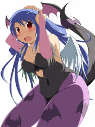 Rule 34 | 1girl, animal print, arc system works, asymmetrical wings, bare shoulders, bat (animal), bat print, bat wings, blue hair, blush, breasts, capcom, cleavage, cosplay, curvy, demon girl, dizzy (guilty gear), elbow gloves, fang, fingerless gloves, gloves, guilty gear, head wings, hip focus, large breasts, leotard, long hair, mirano, morrigan aensland, morrigan aensland (cosplay), pantyhose, print pantyhose, red eyes, ribbon, simple background, solo, tail, tail ornament, tail ribbon, thick thighs, thighs, vampire (game), wide hips, wings