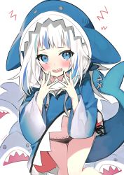 Rule 34 | 1girl, animal hood, artist name, ayamy, black panties, blue eyes, blue hair, blunt bangs, blush, commentary request, fins, fish tail, gawr gura, gawr gura (1st costume), hands up, highres, hololive, hololive english, hood, hood up, long sleeves, looking at viewer, medium hair, multicolored hair, open mouth, panties, shark, shark hood, shark tail, sharp teeth, side-tie panties, simple background, smile, solo, streaked hair, tail, teeth, underwear, virtual youtuber, white background, white hair