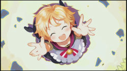Rule 34 | 1girl, blonde hair, blush, child, closed eyes, from above, harada takehito, highres, luca (majo no ryodan), official art, open mouth, outstretched arms, refrain no chika meikyuu to majo no ryodan, short hair, solo, spoilers, tears, teeth, upper teeth only