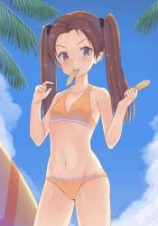 Rule 34 | &gt;:d, 10s, 1girl, :d, absurdres, bad id, bad pixiv id, bare arms, bare shoulders, bikini, black ribbon, blue sky, blush, breasts, cleavage, collarbone, day, food in mouth, girls und panzer, gogongzid, grin, hair ribbon, highres, holding, kadotani anzu, legs apart, long hair, looking at viewer, mouth hold, navel, open mouth, orange bikini, outdoors, palm tree, ribbon, sky, small breasts, smile, solo, stomach, surfboard, swimsuit, tareme, teeth, tree, twintails, v-shaped eyebrows
