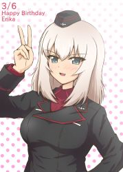 Rule 34 | 10s, 1girl, black hat, black jacket, blue eyes, character name, commentary request, dated, diesel-turbo, dress shirt, english text, garrison cap, girls und panzer, gradient background, happy birthday, hat, itsumi erika, jacket, kuromorimine military uniform, long hair, long sleeves, looking at viewer, military, military hat, military uniform, open mouth, pink background, polka dot, polka dot background, red shirt, shirt, silver hair, smile, solo, standing, uniform, upper body, v