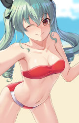 Rule 34 | 10s, 1girl, ;), absurdres, alternate costume, anchovy (girls und panzer), ass, bare arms, bare legs, bare shoulders, beach, bikini, black ribbon, blush, breasts, brown eyes, cleavage, closed mouth, collarbone, day, drill hair, female focus, girls und panzer, green hair, groin, hair ornament, hair ribbon, hands out of frame, highres, legs, long hair, looking at viewer, medium breasts, navel, neck, ocean, one eye closed, out of frame, outdoors, red bikini, ribbon, sand, selfie, shade, sky, smile, solo, standing, strapless, strapless bikini, swimsuit, twin drills, twintails, wink, yokuu