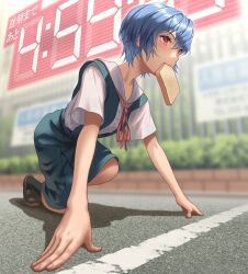 Rule 34 | 1girl, ayanami rei, blue hair, blue jacket, blue skirt, bread slice, commentary, countdown timer, food, food in mouth, heads-up display, highres, jacket, mouth hold, neon genesis evangelion, red eyes, school uniform, shadow, shirt, short hair, skirt, solo, starting position, toast, toast in mouth, tokyo-3 middle school uniform, white shirt, yahha