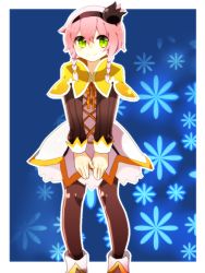 Rule 34 | 1girl, alfa system, blue background, braid, capelet, dress, flower, green eyes, hairband, pantyhose, pasca kanonno, pink hair, ribbon, shoes, short hair, smile, tales of (series), tales of the world radiant mythology