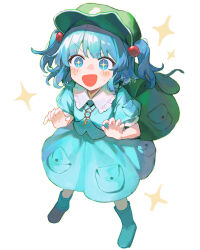 Rule 34 | + +, 1girl, backpack, bag, blue eyes, blue footwear, blue hair, blue shirt, blue skirt, blush, boots, collared shirt, flat cap, full body, green hat, hair bobbles, hair ornament, hat, highres, jill 07km, kawashiro nitori, key, open mouth, rubber boots, shirt, short hair, short sleeves, simple background, skirt, solo, sparkle, touhou, two side up, white background