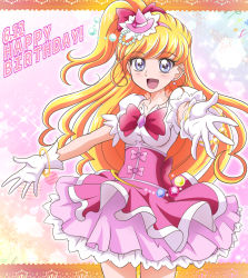 Rule 34 | 1girl, :d, blonde hair, blue eyes, bow, bowtie, bracelet, breasts, collarbone, cowboy shot, cure miracle, earrings, floating hair, gloves, hair bow, hairband, hanzou, happy birthday, hat, jewelry, layered skirt, long hair, looking at viewer, mahou girls precure!, medium breasts, mini hat, miniskirt, open mouth, outstretched arms, pink hairband, pink headwear, pink skirt, precure, red bow, red bowtie, shirt, short sleeves, side ponytail, skirt, smile, solo, standing, underbust, very long hair, white gloves, white shirt