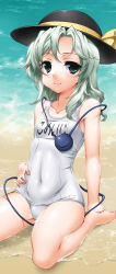 Rule 34 | 1girl, barefoot, beach, covered navel, female focus, green eyes, hand on own hip, hat, hat ribbon, henshako, komeiji koishi, long hair, looking at viewer, one-piece swimsuit, partially submerged, ribbon, school swimsuit, shiny clothes, silver hair, sitting, skindentation, smile, solo, swimsuit, third eye, touhou, wariza, water, white one-piece swimsuit, white school swimsuit
