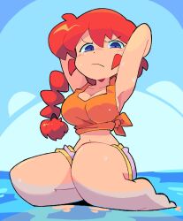 Rule 34 | 1girl, arms behind head, arms up, bacun, blue eyes, braid, braided ponytail, commentary, english commentary, frown, genderswap, genderswap (mtf), highres, long hair, looking at viewer, midriff, navel, ranma-chan, ranma 1/2, red hair, saotome ranma, shirt, shorts, single braid, sitting, sleeveless, sleeveless shirt, solo, sweat, tank top, tied shirt