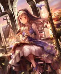 Rule 34 | 1girl, ankle boots, artist request, bird, book, boots, brown hair, candle, candlestand, church, cross, cross-laced clothes, cygames, frills, habit, jewelry, long hair, looking at viewer, marcotte heretical sister, necklace, nun, official art, open mouth, own hands together, plant, reading, red eyes, rosary, shadowverse, sitting, smile, stairs, vines