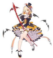 Rule 34 | 1girl, :d, ark order, artist request, ascot, bat (animal), bat wings, black dress, black footwear, black ribbon, blonde hair, blood, blood on clothes, blood on face, blood on hands, bridal garter, dracula (ark order), dress, earrings, fangs, frilled dress, frilled hat, frilled sleeves, frills, full body, hat, holding, holding polearm, holding weapon, jewelry, juliet sleeves, leg ribbon, long sleeves, medium hair, mini hat, mini top hat, official art, open mouth, orange dress, pointy ears, polearm, puffy sleeves, red eyes, ribbon, shoes, smile, socks, solo, tachi-e, thigh ribbon, thigh strap, top hat, transparent background, two-tone dress, weapon, white ascot, white socks, winged footwear, winged hat, wings