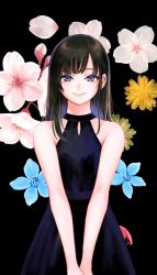 Rule 34 | 1girl, bad id, bad twitter id, bare arms, bare shoulders, black background, black dress, brown hair, closed mouth, dress, floral background, flower, hair flower, hair ornament, highres, long hair, looking at viewer, negative space, nikaidou kou, original, pink flower, purple eyes, smile, solo, upper body, v arms