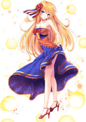 Rule 34 | 1girl, armpits, bad id, bad pixiv id, bare shoulders, blonde hair, blue eyes, blush, breasts, cleavage, clothes lift, dress, dress lift, female focus, flower, french flag, hair flower, hair ornament, hair ribbon, head tilt, hibiscus, high heels, highres, legs, lips, long dress, long hair, orangina, original, personification, ribbon, sandals, shoes, smile, solo, strapless, strapless dress, toshi (1-147), very long hair