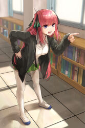 Rule 34 | 1girl, absurdres, black cardigan, black ribbon, blue eyes, blunt bangs, blush, book, bookshelf, butterfly hair ornament, cardigan, collared shirt, commentary request, full body, go-toubun no hanayome, green skirt, hair ornament, hair ribbon, hand on own hip, highres, indoors, ishiyuki, jacket, long hair, nakano nino, open cardigan, open clothes, open jacket, open mouth, pink hair, pleated skirt, pointing, pointing to the side, revision, ribbon, school uniform, shirt, shoes, sidelocks, skirt, solo, teeth, thighhighs, uwabaki, white shirt, white thighhighs, window