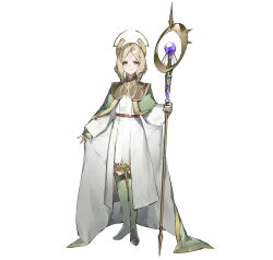 Rule 34 | 1girl, absurdres, aged down, aqua eyes, blonde hair, boots, brand of the exalt, cape, drill hair, drill sidelocks, emmeryn (child) (fire emblem), emmeryn (fire emblem), facial mark, fire emblem, fire emblem awakening, fire emblem heroes, forehead mark, green cape, green footwear, highres, holding, holding staff, ichibi, knee boots, looking at viewer, medium hair, multicolored cape, multicolored clothes, nintendo, official art, robe, sidelocks, smile, solo, staff, tachi-e, tiara, white cape, white robe
