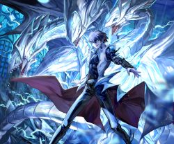 Rule 34 | 1boy, black hair, black pants, black shirt, blue-eyes white dragon, blue eyes, cape, card, hair between eyes, holding, holding card, indoors, kaiba seto, kurobeta, looking at viewer, male focus, outstretched arms, pants, shirt, solo, standing, white cape, yu-gi-oh!
