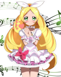 Rule 34 | 10s, 1girl, bass clef, beamed quavers, blonde hair, blush, choker, cure rhythm, dress, earrings, eyelashes, frilled dress, frills, green eyes, hair ornament, hair ribbon, hairband, happy, haru (nature life), heart, jewelry, long hair, looking at viewer, magical girl, minamino kanade, musical note, precure, puffy sleeves, quaver, ribbon, sharp sign, smile, solo, standing, suite precure, treble clef, white choker, white dress, wrist cuffs