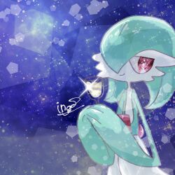 Rule 34 | 1girl, artist name, blue background, closed mouth, colored skin, creatures (company), cup, drink, drinking glass, female focus, flat chest, game freak, gardevoir, gen 3 pokemon, glint, green hair, green skin, hair over one eye, half-closed eyes, hands up, happy, highres, holding, holding drink, holding drinking glass, ingo (rizumu), looking to the side, medium hair, multicolored skin, nintendo, one eye covered, own hands together, pokemon, pokemon (creature), red eyes, signature, smile, solo, sparkle, standing, two-tone skin, upper body, white skin