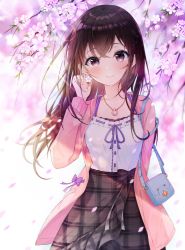 Rule 34 | 1girl, absurdres, bad id, bad twitter id, black skirt, blue bag, breasts, brown hair, check copyright, cherry blossoms, collarbone, commentary, copyright request, hair between eyes, highres, jacket, jewelry, lebring, long hair, looking at viewer, necklace, original, pink jacket, shirt, skirt, small breasts, smile, solo, white shirt