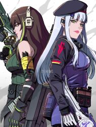 Rule 34 | 2girls, beret, blunt bangs, brown eyes, brown hair, call of duty, call of duty: mobile, case, clothes around waist, cosplay, dusk (call of duty: mobile), facial mark, girls&#039; frontline, gloves, green eyes, green hair, grey hair, gun, hair ornament, hat, headphones, highres, hk416 (girls&#039; frontline), hk416 (girls&#039; frontline) (cosplay), holding, holding weapon, jacket, jacket around waist, kestrel (call of duty: mobile), long hair, long sleeves, looking at viewer, m4a1 (girls&#039; frontline), m4a1 (girls&#039; frontline) (cosplay), m4a1 (mod3) (girls&#039; frontline), multicolored hair, multiple girls, oyenpaws, particle cannon case, rifle, streaked hair, weapon