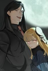 Rule 34 | 1boy, 1girl, black eyes, black hair, black jacket, black shirt, blonde hair, blurry, blurry background, collared shirt, fate (series), from side, full moon, height difference, highres, jacket, long hair, looking at viewer, lord el-melloi ii, lord el-melloi ii case files, moon, necktie, red eyes, red necktie, reines el-melloi archisorte, shirt, tokoni fusu, tongue, tongue out, upper body, waver velvet