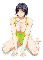 Rule 34 | 1girl, breasts, brickhouse, cleavage, female focus, full body, green eyes, looking at viewer, mature female, muscular, noriheita, one-piece swimsuit, original, short hair, sitting, solo, swimsuit, thick thighs, thighs, white background