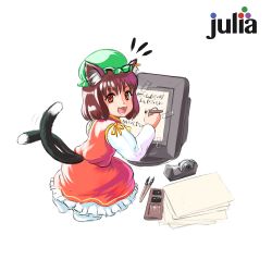Rule 34 | 1girl, :3, :d, animal ear fluff, animal ears, brown hair, cat ears, cat tail, chen, dress, earrings, fangs, full body, green hat, hat, highres, holding, holding pen, jewelry, juliet sleeves, long sleeves, looking at viewer, looking back, math, medium hair, mob cap, multiple tails, nekomata, notice lines, open mouth, pen, petticoat, profitshame, puffy sleeves, red dress, red eyes, seiza, simple background, single earring, sitting, smile, solo, tail, tongue, touhou, two tails, white background, writing
