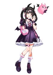 Rule 34 | 1girl, absurdres, backpack, bag, black hair, black hairband, blunt bangs, center frills, choker, closed mouth, creature, curly hair, demon horns, demon wings, denonbu, dress, ear piercing, earrings, fake horns, fake wings, frilled sleeves, frilled socks, frills, full body, hair ornament, hair ribbon, hairband, hand up, heart, heart earrings, heart o-ring, high heels, highres, horns, jewelry, jirai kei, kneehighs, long hair, looking at viewer, mika pikazo, o-ring, o-ring thigh strap, official art, ok sign, piercing, pink bag, pink nails, pink ribbon, pomemori, puffy short sleeves, puffy sleeves, purple choker, purple dress, purple footwear, red eyes, reml, ribbon, shoes, short sleeves, simple background, smile, socks, solo, standing, thigh strap, tongue, tongue out, twintails, white background, white socks, winged bag, wings, wrist cuffs, x hair ornament