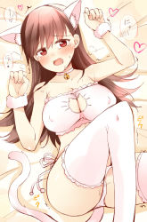 Rule 34 | 1girl, animal ears, bell, blush, bra, breasts, brown hair, cat cutout, cat ears, cat lingerie, cat tail, choker, cleavage, cleavage cutout, clothing cutout, covered erect nipples, fake animal ears, heart, heart-shaped pupils, jingle bell, kantai collection, large breasts, long hair, looking at viewer, lying, meme attire, on back, ooi (kancolle), open mouth, panties, red eyes, revision, rui shi (rayze ray), side-tie panties, sketch, solo, symbol-shaped pupils, tail, tears, thighhighs, underwear, underwear only, white bra, white panties, white thighhighs